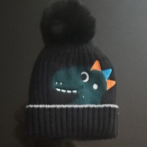 Black Pom Pom Beanie with Green Dino Accent